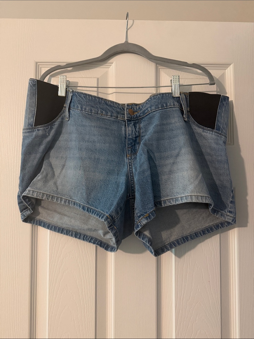 Women’s Light Blue Denim Shorts with Black Stretch Panels